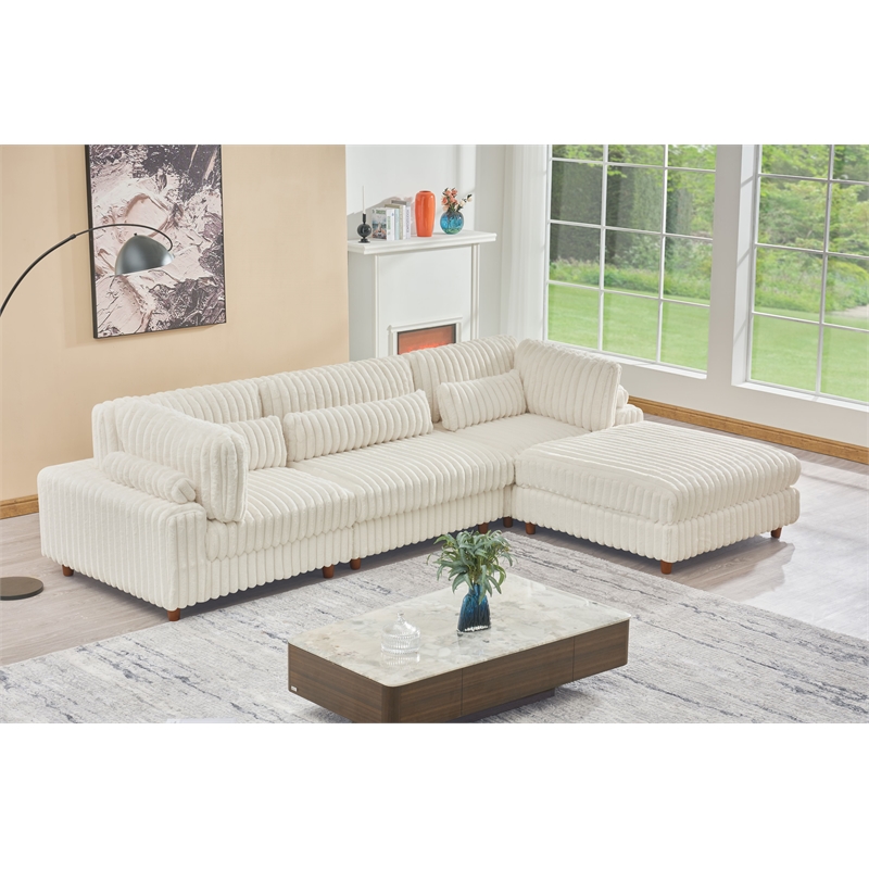 Sally Corduroy Polyester Upholstered Sectional Sofa 3 Seats W/ Ottoman White