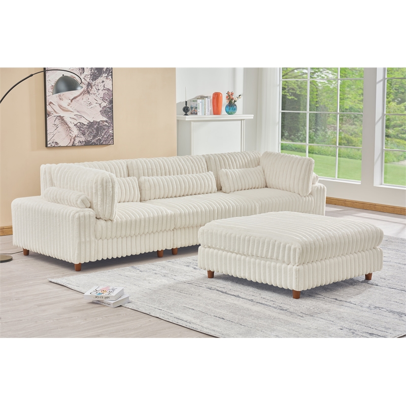 Sally Corduroy Polyester Upholstered Sectional Sofa 3 Seats W/ Ottoman White
