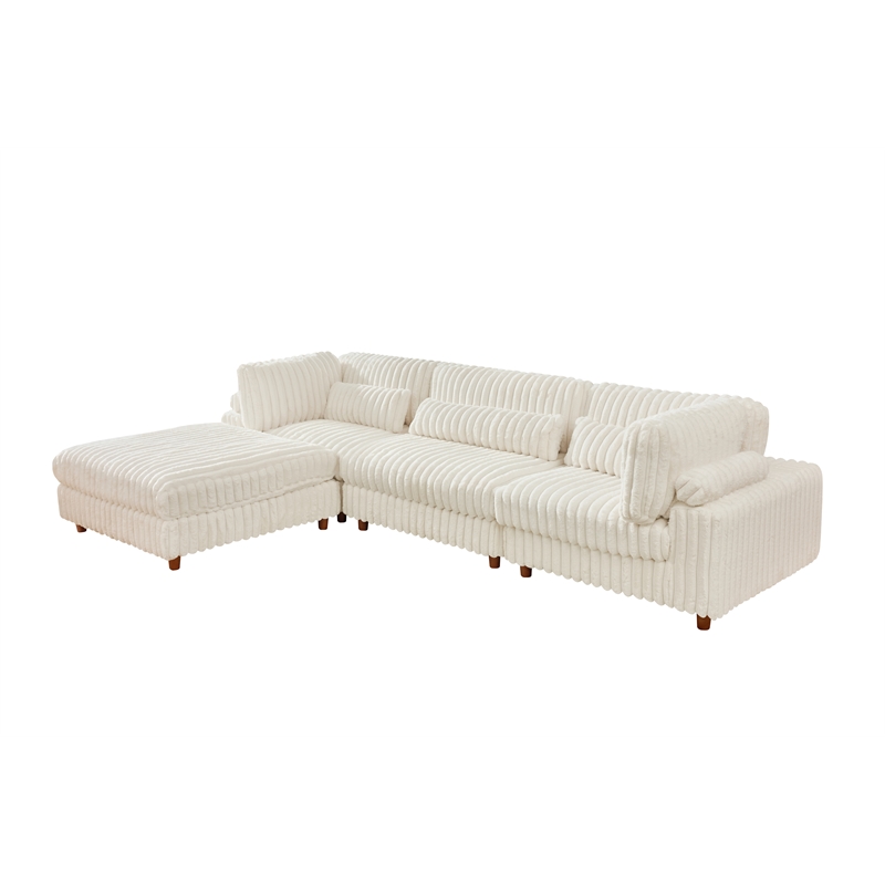 Sally Corduroy Polyester Upholstered Sectional Sofa 3 Seats W/ Ottoman White