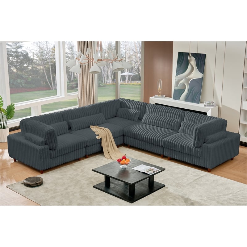Sally Corduroy Polyester Upholstered Sectional Sofa L-Shape 4-seat Dark Gray