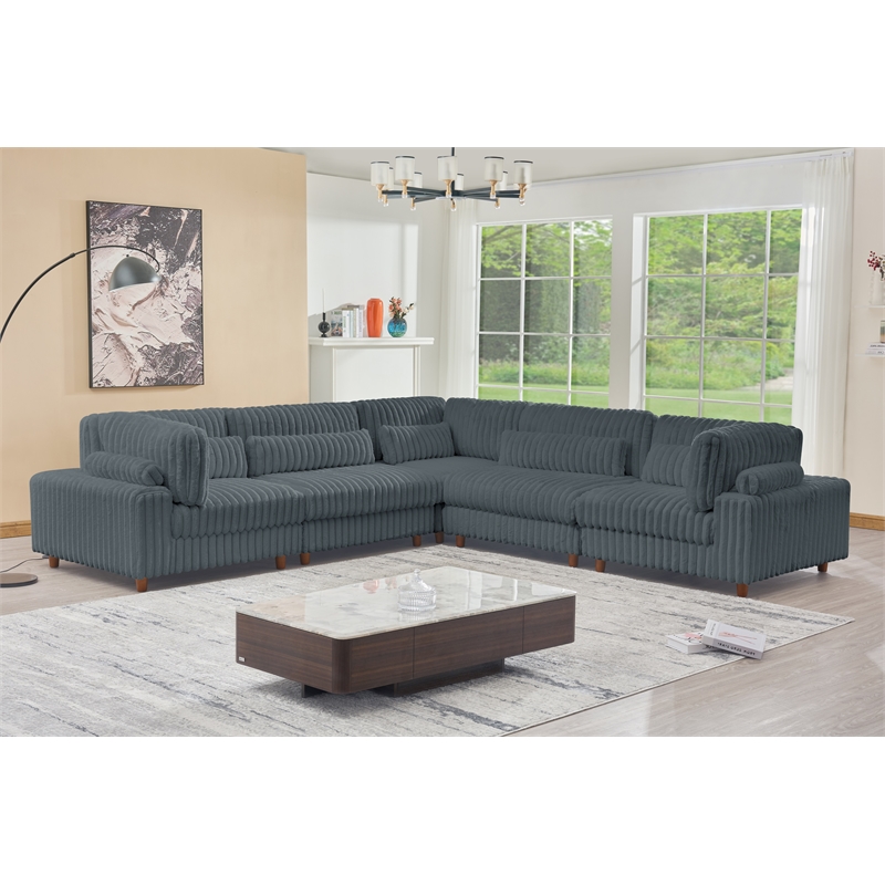 Sally Corduroy Polyester Upholstered Sectional Sofa L-Shape 4-seat Dark Gray