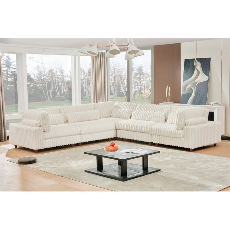 Sally Corduroy Polyester Upholstered Sectional Sofa L-Shape 4-seat White