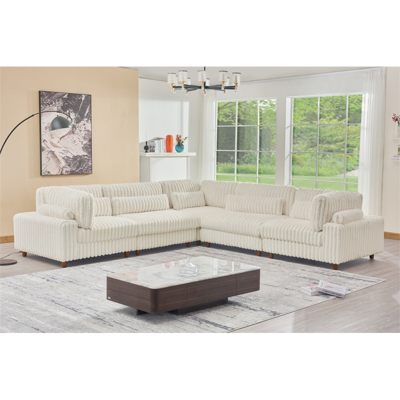 Sally Corduroy Polyester Upholstered Sectional Sofa L-Shape 4-seat White