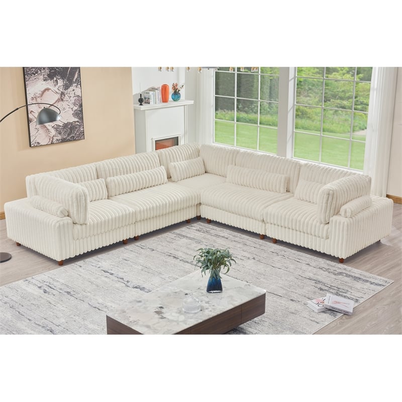 Sally Corduroy Polyester Upholstered Sectional Sofa L-Shape 4-seat White