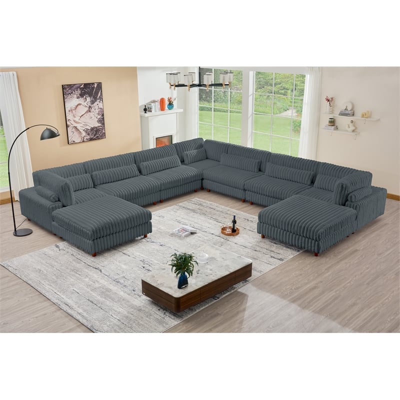 Sally Corduroy Polyester Upholstered Sectional Sofa 7-seat 2 ottomans Dark Gray