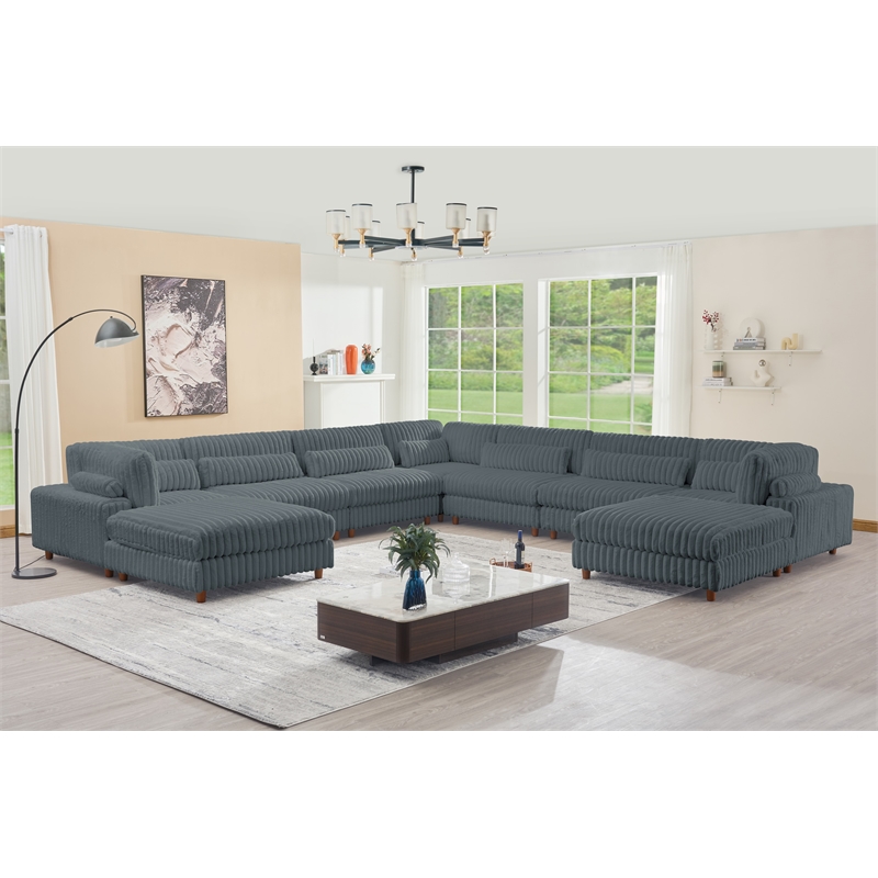 Sally Corduroy Polyester Upholstered Sectional Sofa 7-seat 2 ottomans Dark Gray