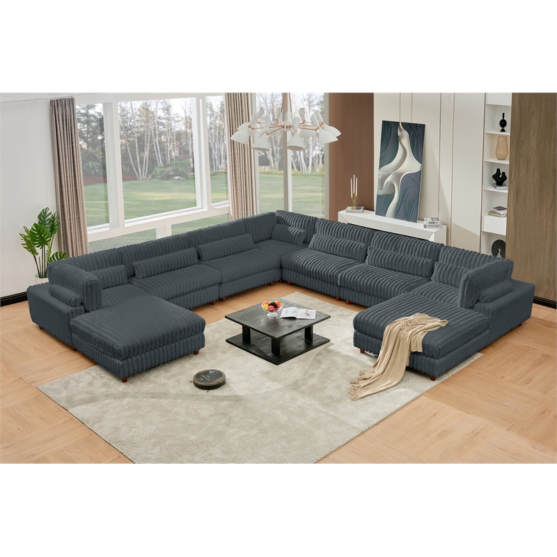 Sally Corduroy Polyester Upholstered Sectional Sofa 7-seat 2 ottomans Dark Gray