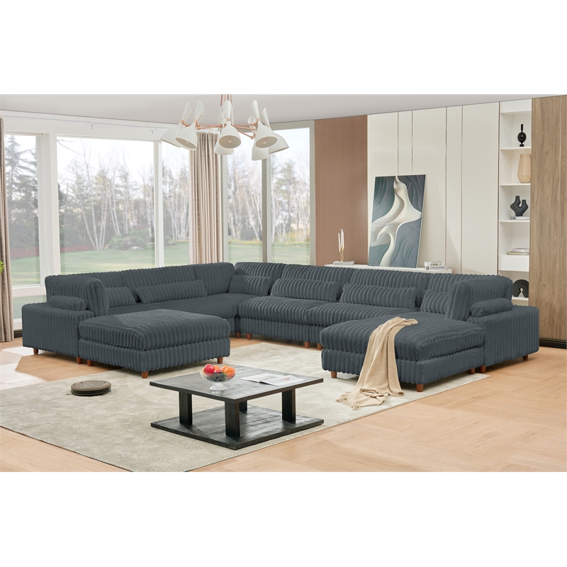 Sally Corduroy Polyester Upholstered Sectional Sofa 7-seat 2 ottomans Dark Gray