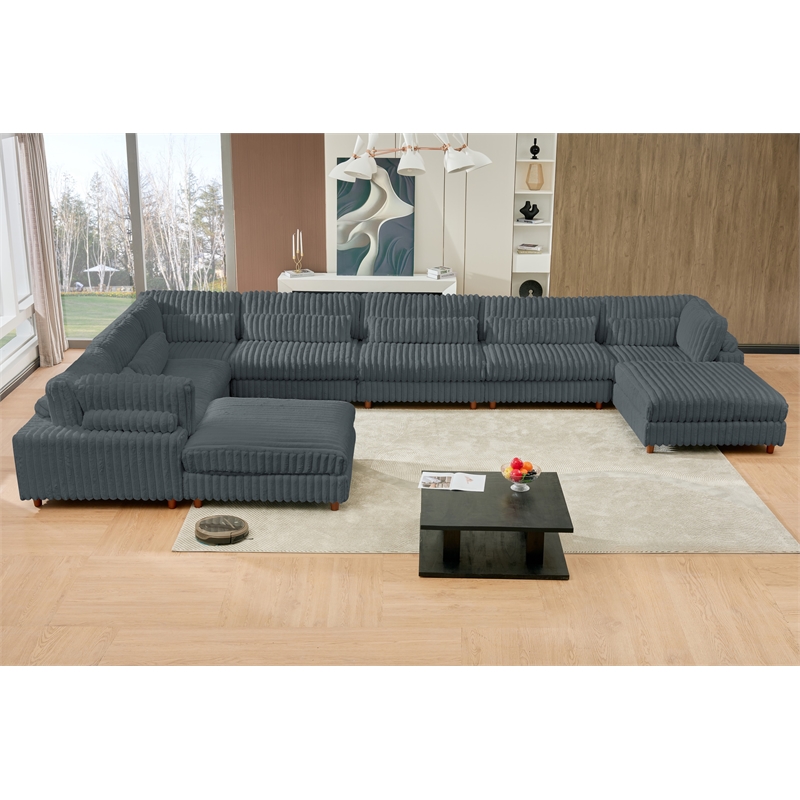 Sally Corduroy Polyester Upholstered Sectional Sofa 7-seat 2 ottomans Dark Gray