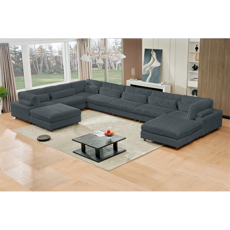 Sally Corduroy Polyester Upholstered Sectional Sofa 7-seat 2 ottomans Dark Gray