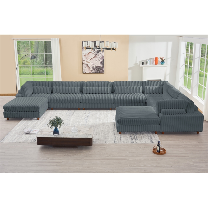 Sally Corduroy Polyester Upholstered Sectional Sofa 7-seat 2 ottomans Dark Gray