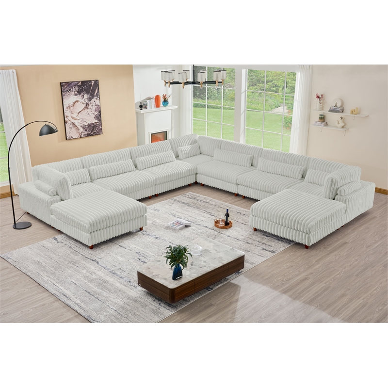 Sally Corduroy Polyester Upholstered Sectional Sofa 7-seat 2 ottomans Light Gray