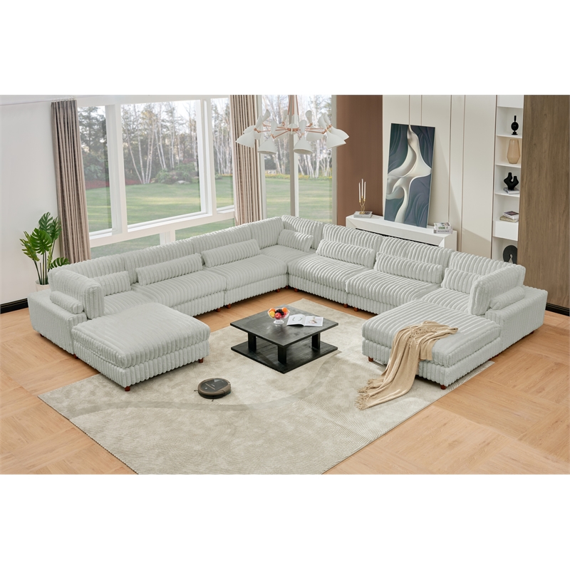 Sally Corduroy Polyester Upholstered Sectional Sofa 7-seat 2 ottomans Light Gray