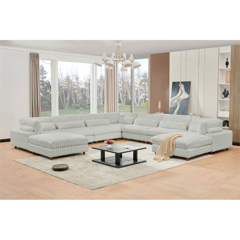 Sally Corduroy Polyester Upholstered Sectional Sofa 7-seat 2 ottomans Light Gray