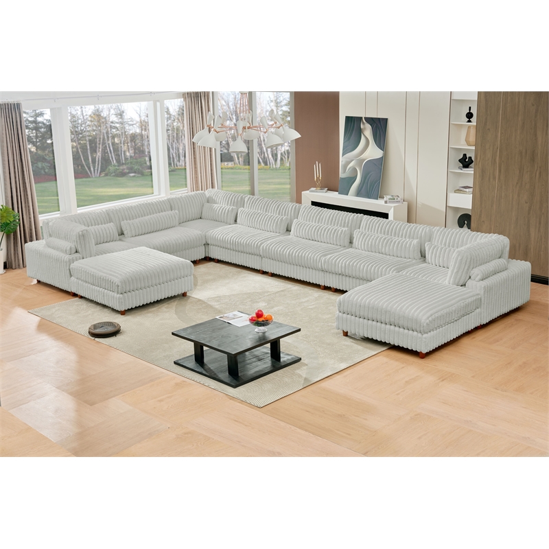 Sally Corduroy Polyester Upholstered Sectional Sofa 7-seat 2 ottomans Light Gray