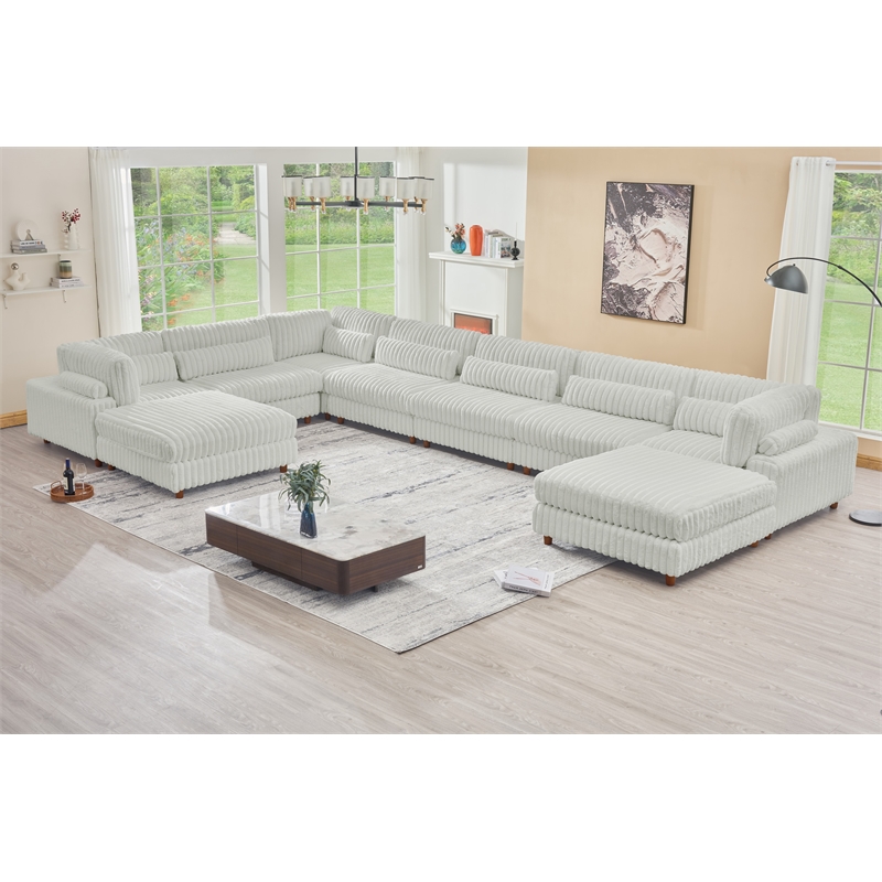 Sally Corduroy Polyester Upholstered Sectional Sofa 7-seat 2 ottomans Light Gray
