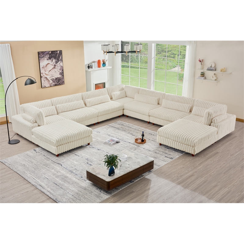 Sally Corduroy Polyester Upholstered Sectional Sofa 7-seat 2 ottomans White