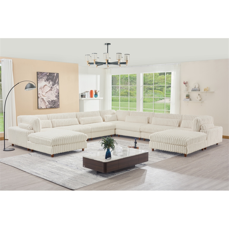 Sally Corduroy Polyester Upholstered Sectional Sofa 7-seat 2 ottomans White
