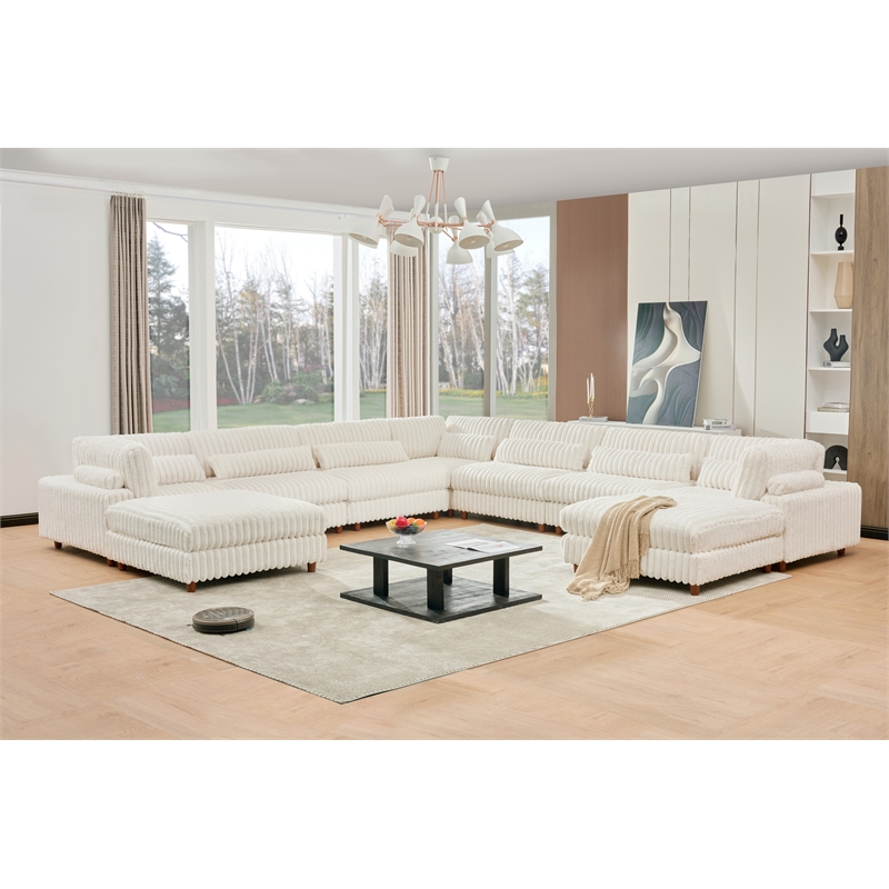 Sally Corduroy Polyester Upholstered Sectional Sofa 7-seat 2 ottomans White