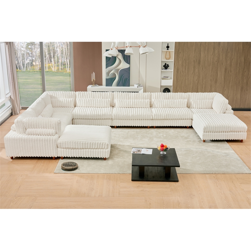 Sally Corduroy Polyester Upholstered Sectional Sofa 7-seat 2 ottomans White