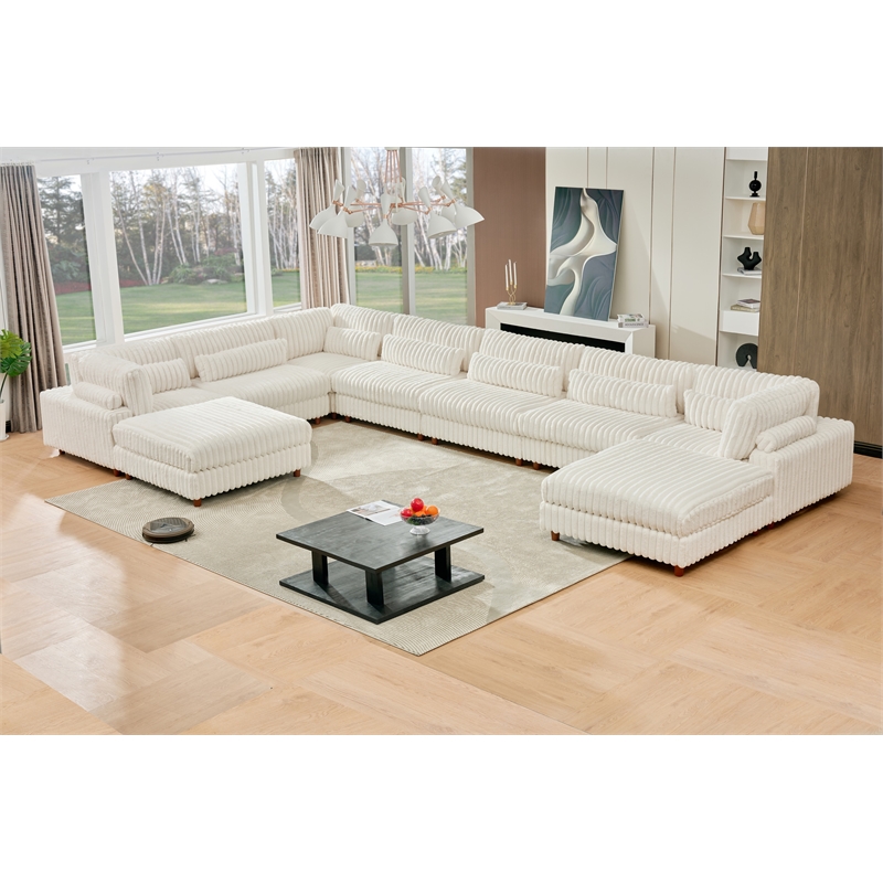Sally Corduroy Polyester Upholstered Sectional Sofa 7-seat 2 ottomans White