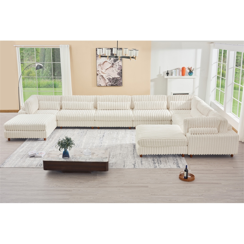 Sally Corduroy Polyester Upholstered Sectional Sofa 7-seat 2 ottomans White