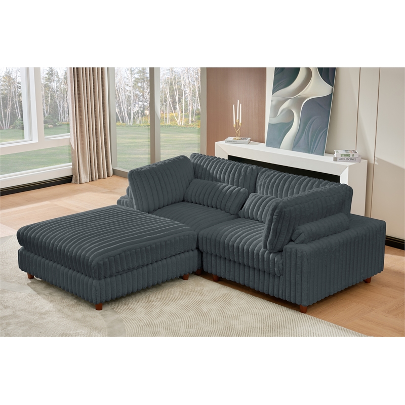 Sally Corduroy Polyester Upholstered Sofa Couch Loveseat W/ Ottoman Dark Gray