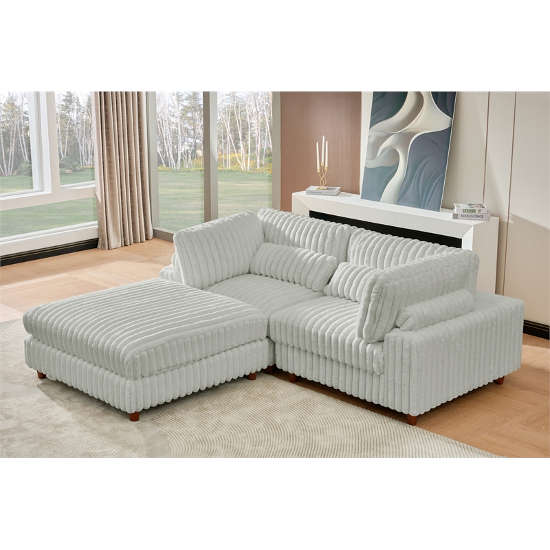 Sally Corduroy Polyester Upholstered Sofa Couch Loveseat W/ Ottoman Light Gray