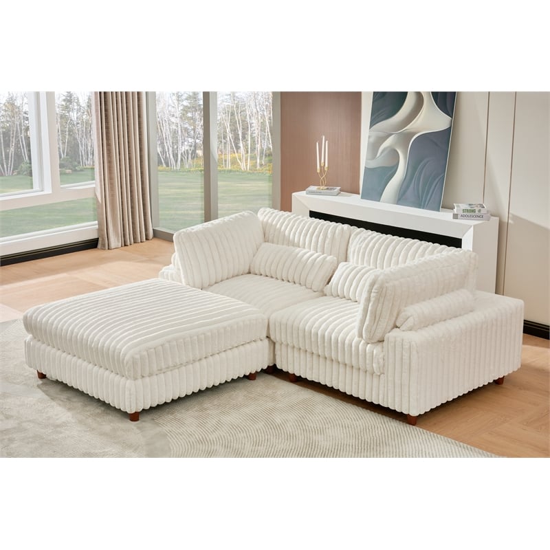 Sally Corduroy Polyester Upholstered Sofa Couch Loveseat W/ Ottoman White