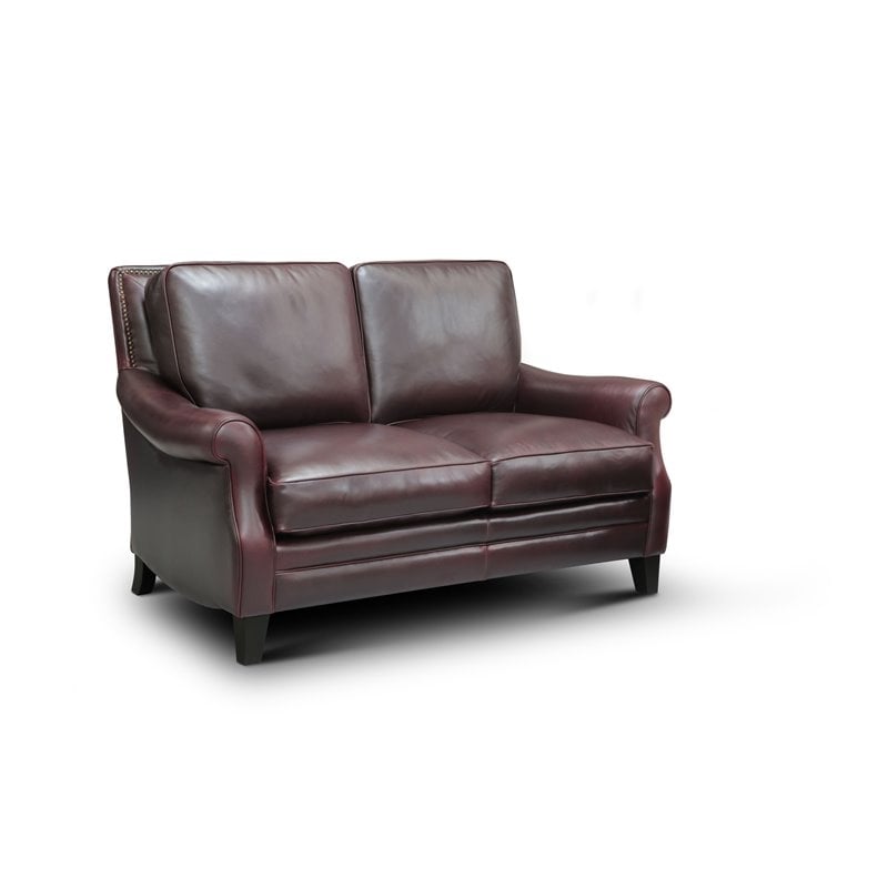 Hello Sofa Home Adriana Traditional Top Grain Leather Loveseat in Burgundy