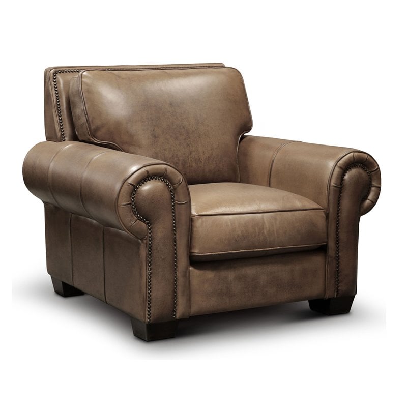 Hello Sofa Home Valencia Top Grain Hand Antiqued Leather Armchair in Taupe Brown