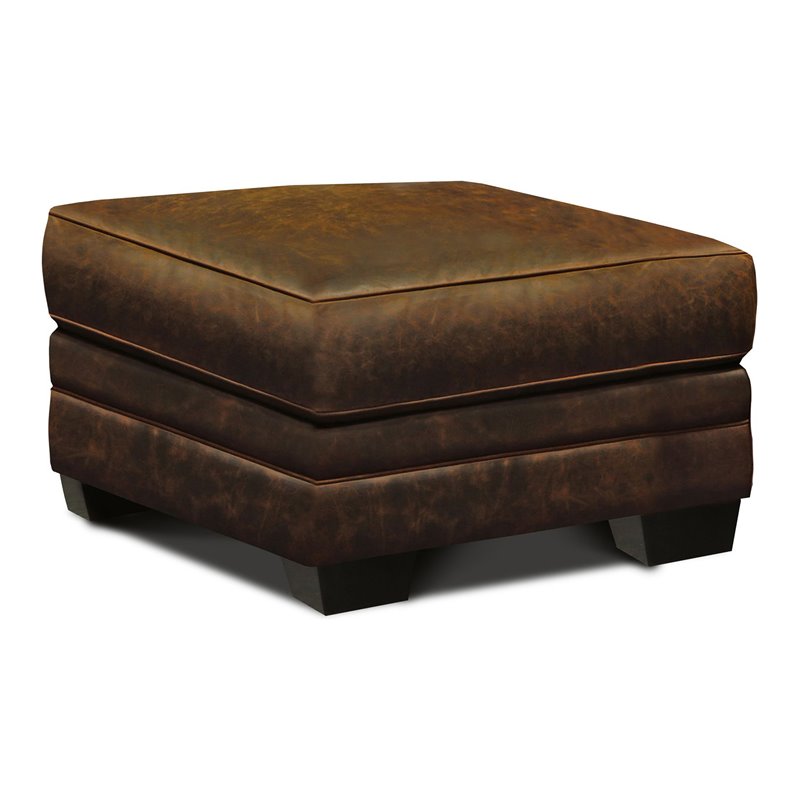 Hello Sofa Home Cordova Mid-Century Top Grain Leather Ottoman in Brown