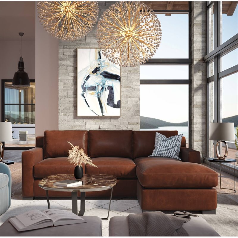 Hello Sofa Home Santiago Mid-Century Top Grain Leather Sectional in Russet Brown