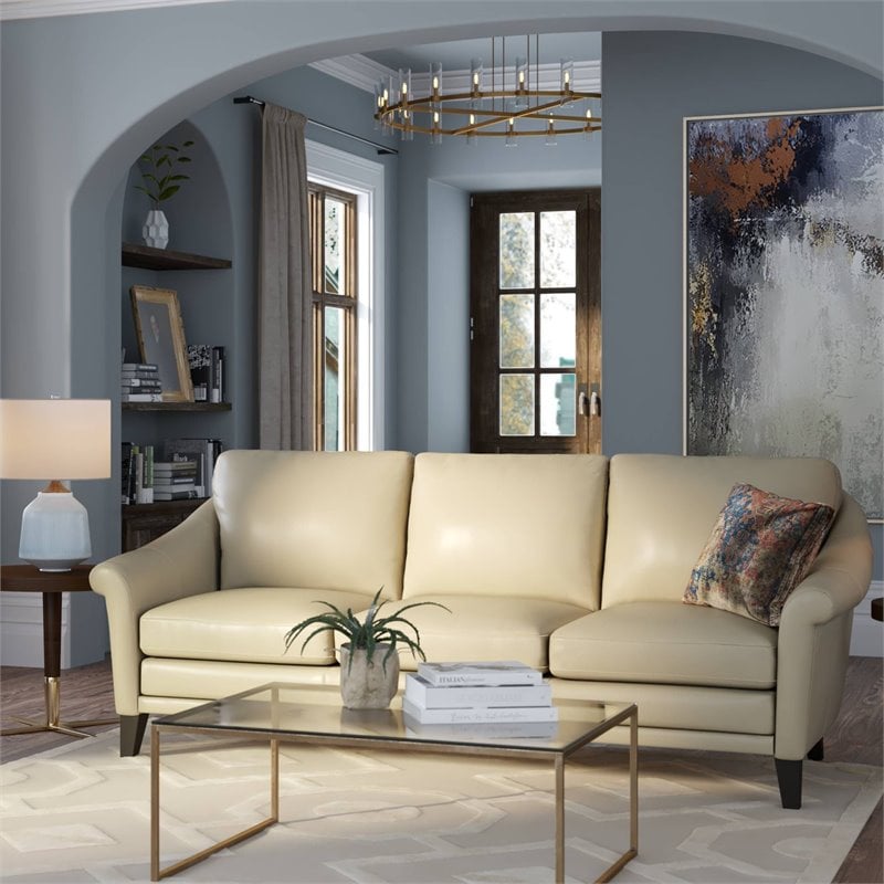 Hello Sofa Home Sienna Mid-Century Modern Top Grain Leather Sofa in Beige