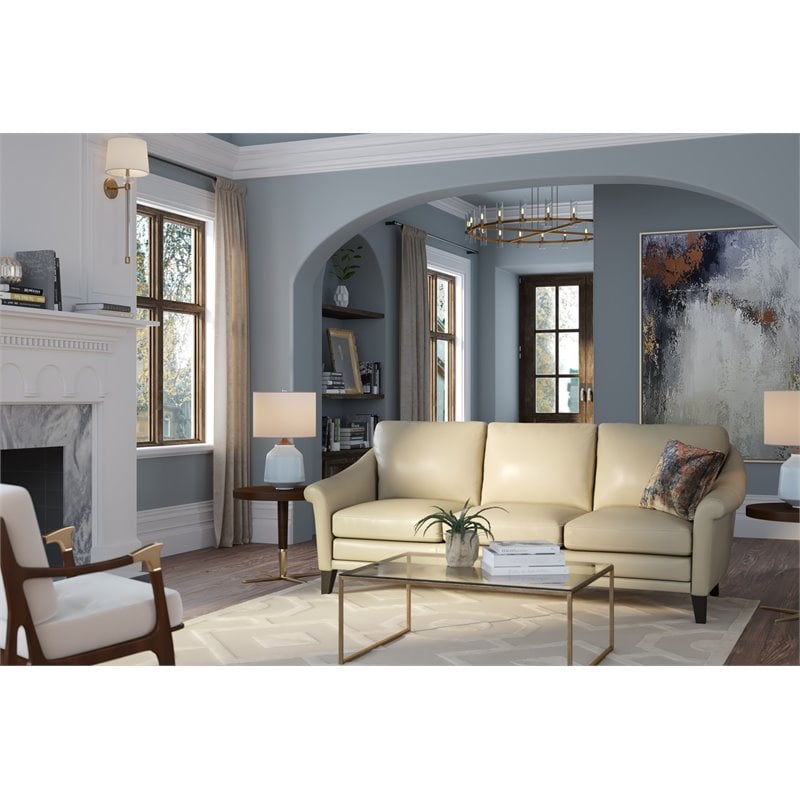 Hello Sofa Home Sienna Mid-Century Modern Top Grain Leather Sofa in Beige