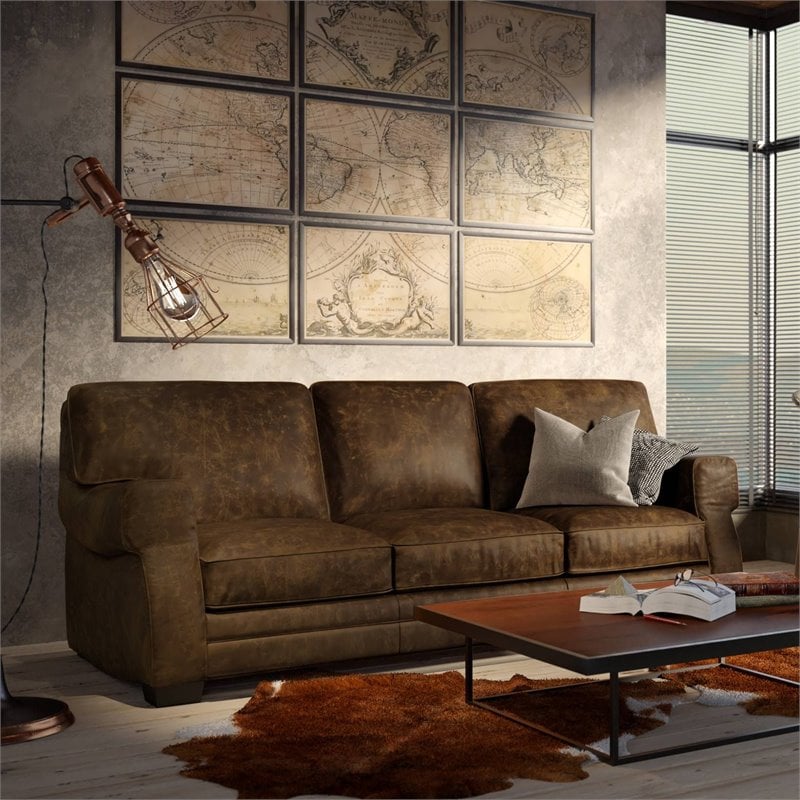 Hello Sofa Home Cordova Mid-Century Top Grain Leather Sofa in Brown