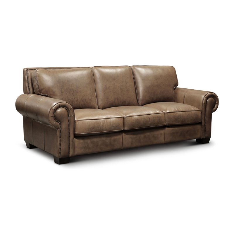 Hello Sofa Home Valencia Top Grain Hand Antiqued Leather Sofa in Taupe Brown