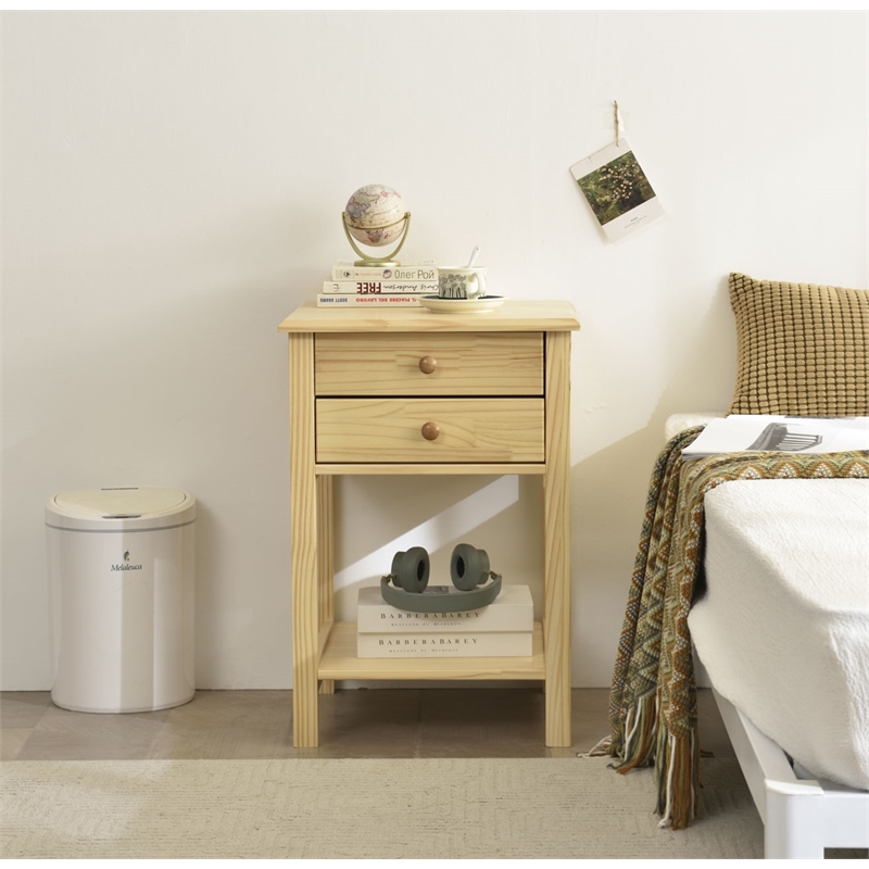 Solid Pine Wood 2 Drawer Nightstand