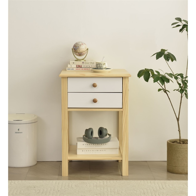 Solid Pine Wood 2 Drawer Nightstand