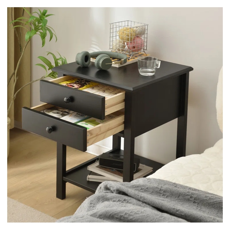 Solid Pine Wood 2 Drawer Nightstand