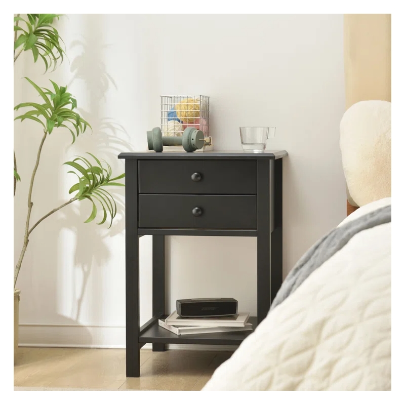 Solid Pine Wood 2 Drawer Nightstand