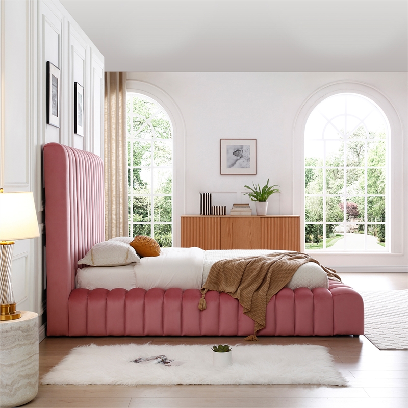 Avalon Velvet Upholstered Full Platform Bed in Pink