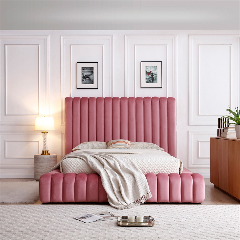 Avalon Velvet Upholstered Full Platform Bed in Pink