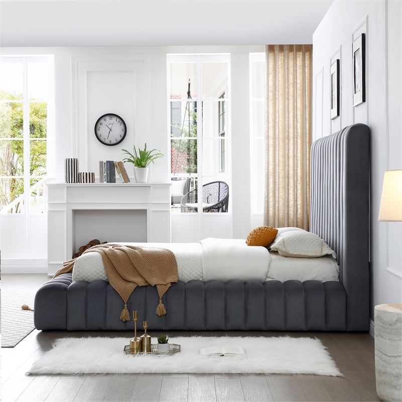 Avalon Velvet Upholstered Full Platform Bed in Gray