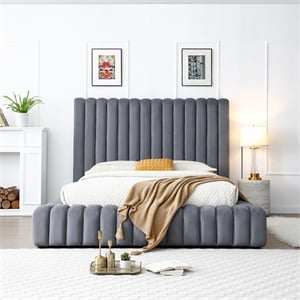 Avalon Velvet Upholstered Full Platform Bed in Gray