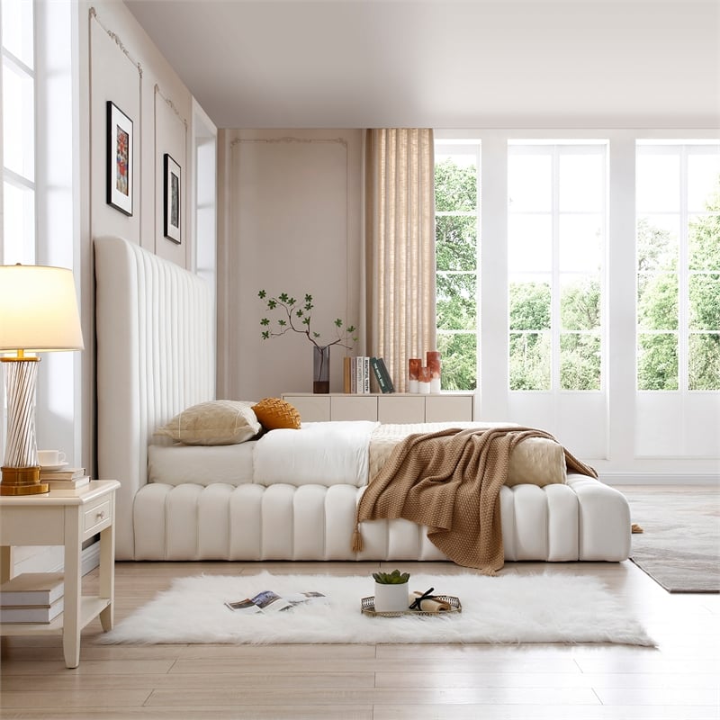 Avalon Velvet Upholstered Full Platform Bed in Cream