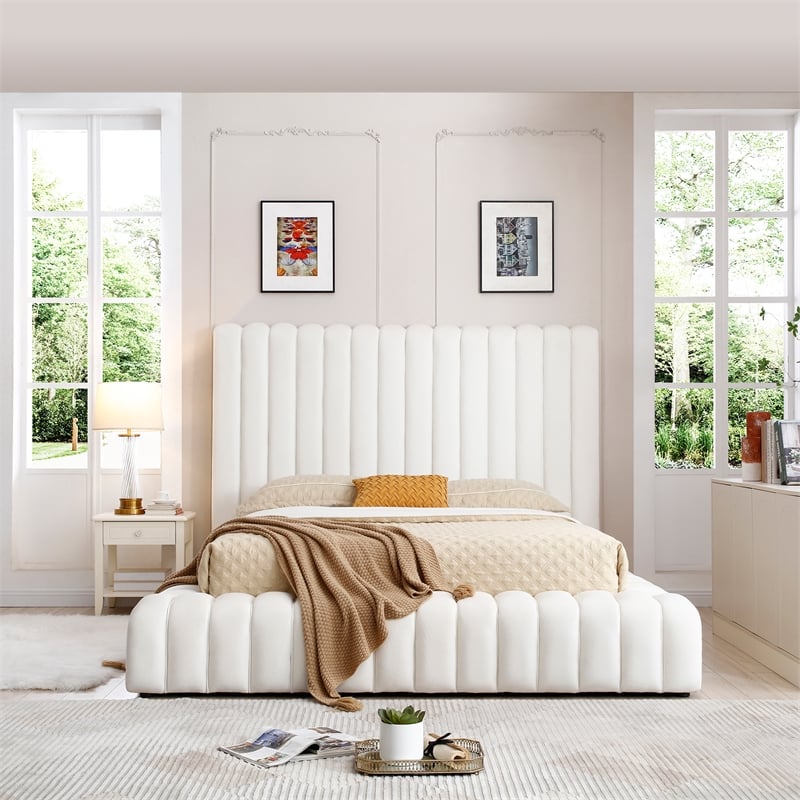 Avalon Velvet Upholstered Full Platform Bed in Cream