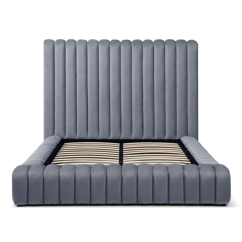 Avalon Velvet Upholstered Queen Platform Bed in Gray