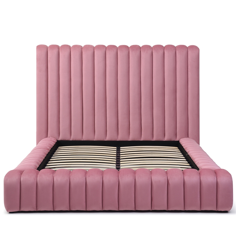 Avalon Velvet Upholstered Queen Platform Bed in Pink