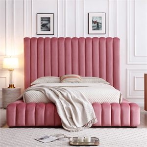 Avalon Velvet Upholstered Queen Platform Bed in Pink